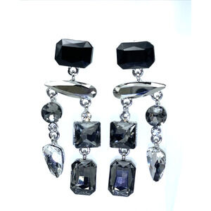 Vintage Earrings Crystal Black Grey Silver Dangle Drop Statement Chandelier